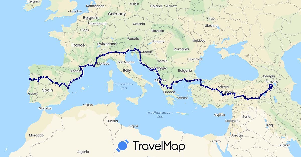TravelMap itinerary: driving in Albania, Bosnia and Herzegovina, Spain, France, Greece, Croatia, Italy, Montenegro, Portugal, Slovenia, Turkey (Asia, Europe)
